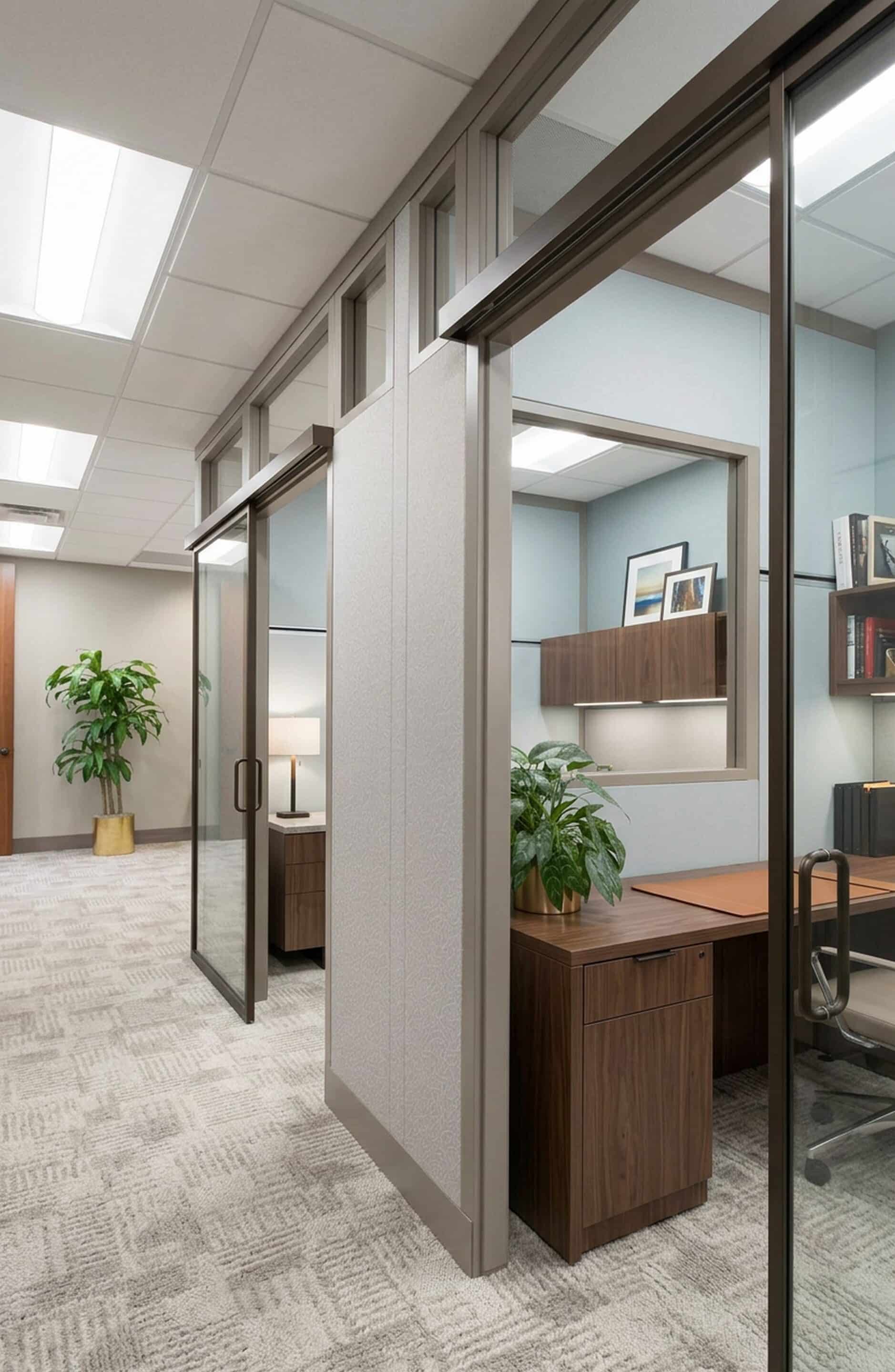 Office with barn door style sliding doors | Transwall FLEXX demountable partitions