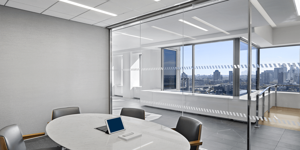 Conference room with whiteboard and wood panels demountable walls