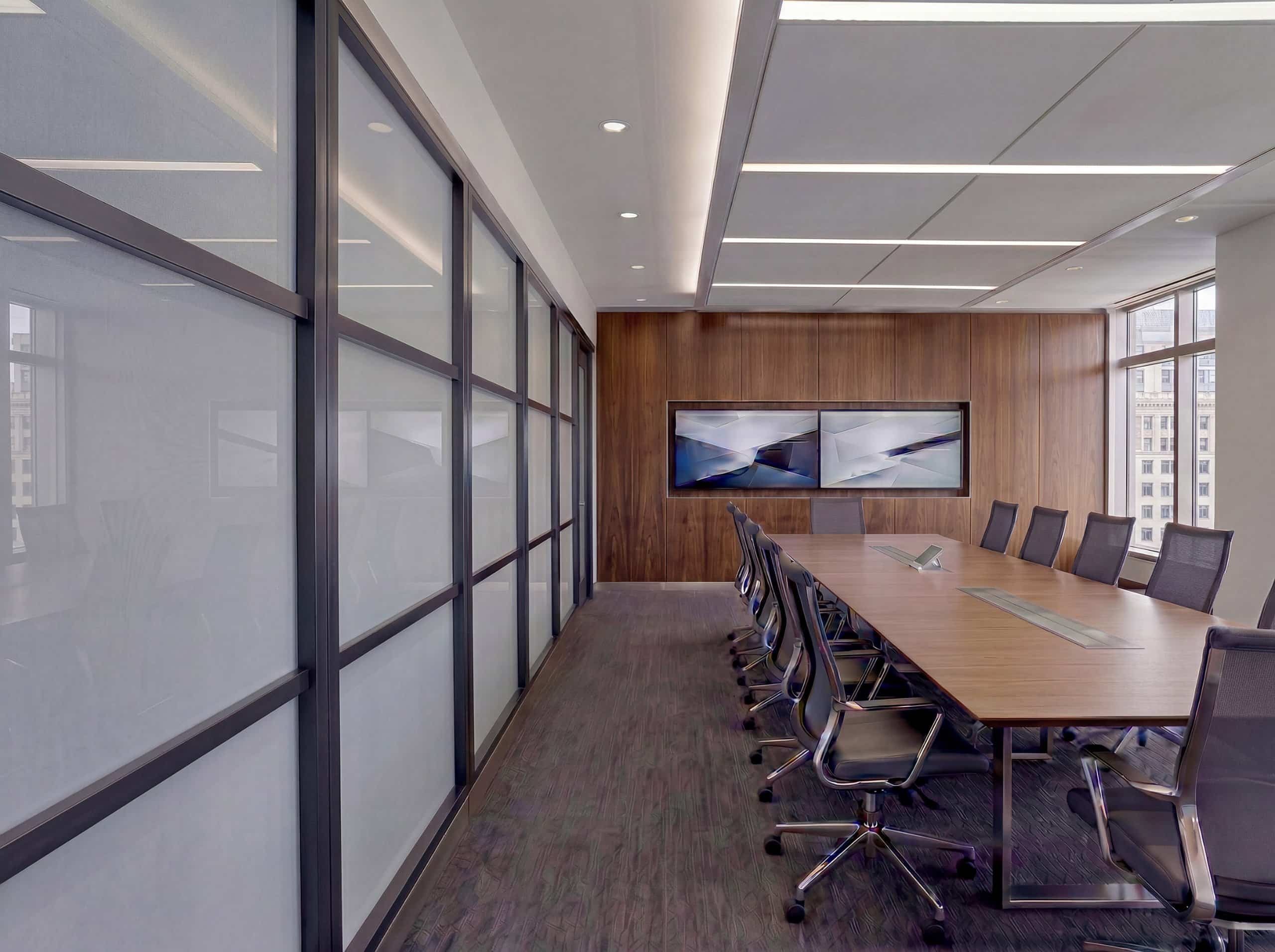 Conference room with segmented glass panels and integrated technology in demountable wall | Transwall ZWALL