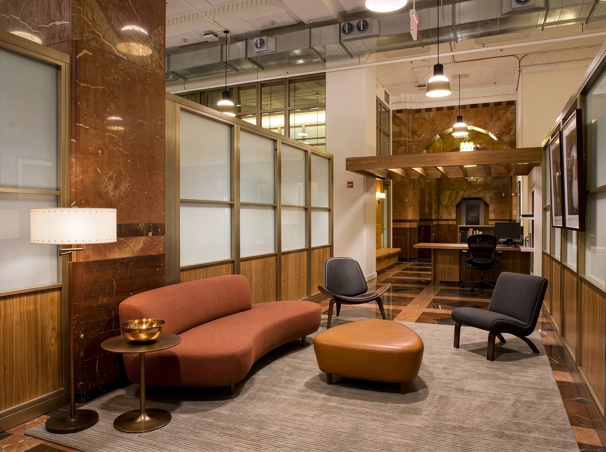 Reception and lounge area with dramatic high ceilings